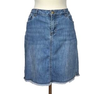 Baccini Distressed Denim Skirt with Fringe